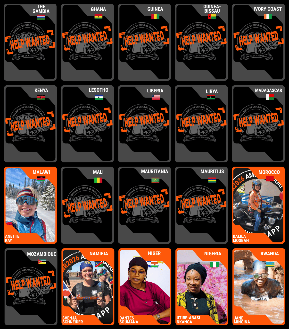 Collection of 'Help Wanted' cards for Africa Ambassadors with various countries and people on a black background.