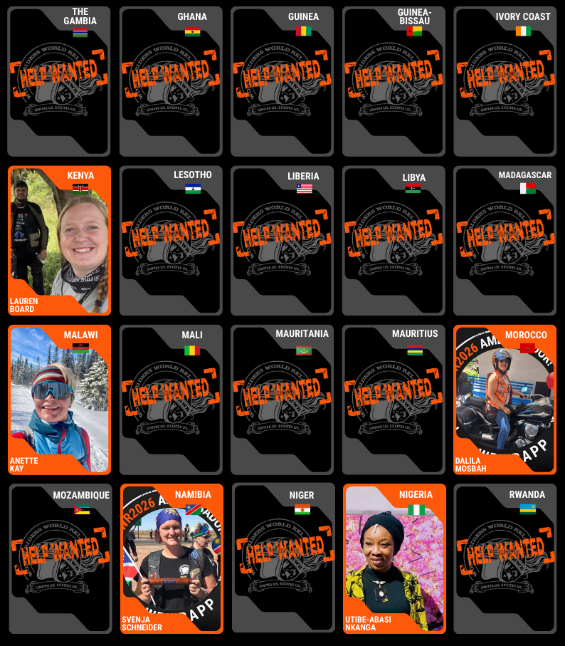 Collection of 'Help Wanted' cards for Africa Ambassadors with various countries and people on a black background.
